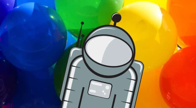 Floaty celebrates a milestone by hanging out with some microgravity balloons.