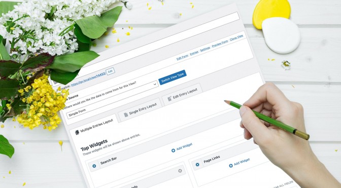 Spring flowers and a hand drawing on a screenshot of the new GravityView UI