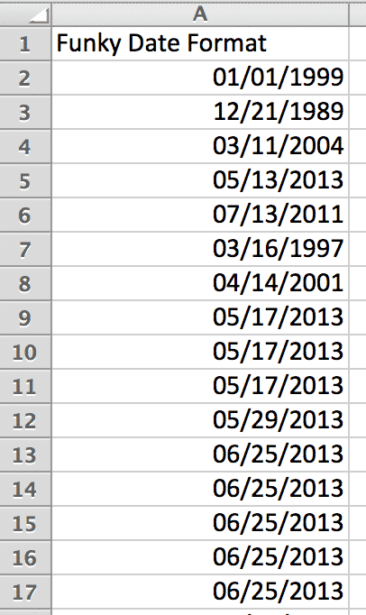 Column A showing dates in "MM/DD/YYYY" format under "Funky Date Format" header