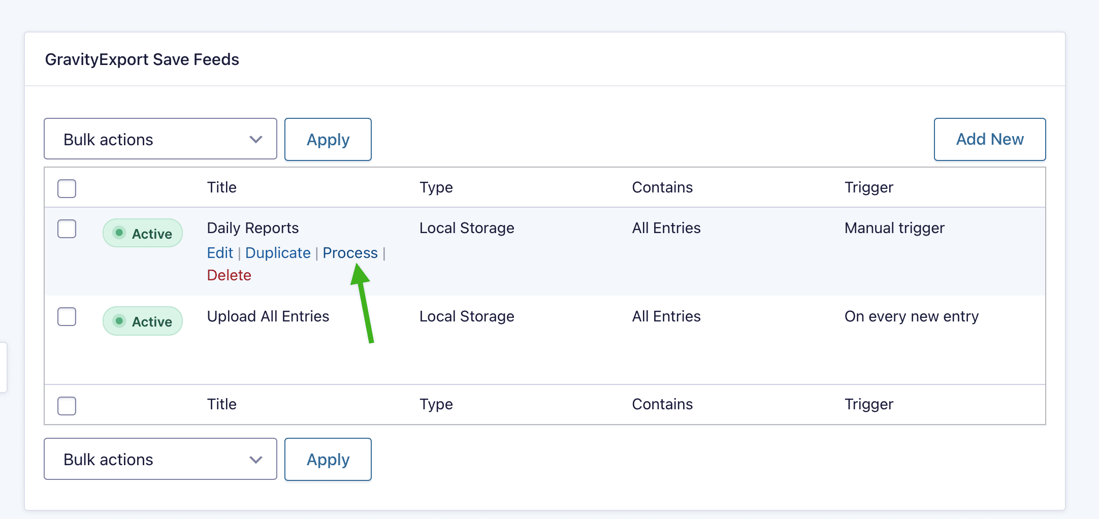 A screenshot showing multiple feeds. One feed shows links that appear on hover. An arrow points to the "Process" link.