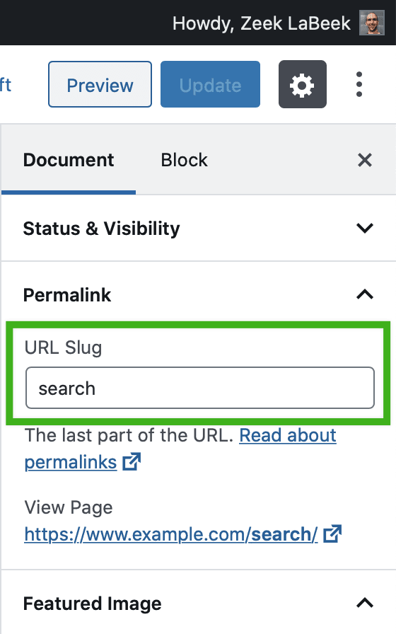 In Edit Post, Document settings 'Permalink' section, showing the 'URL Slug'