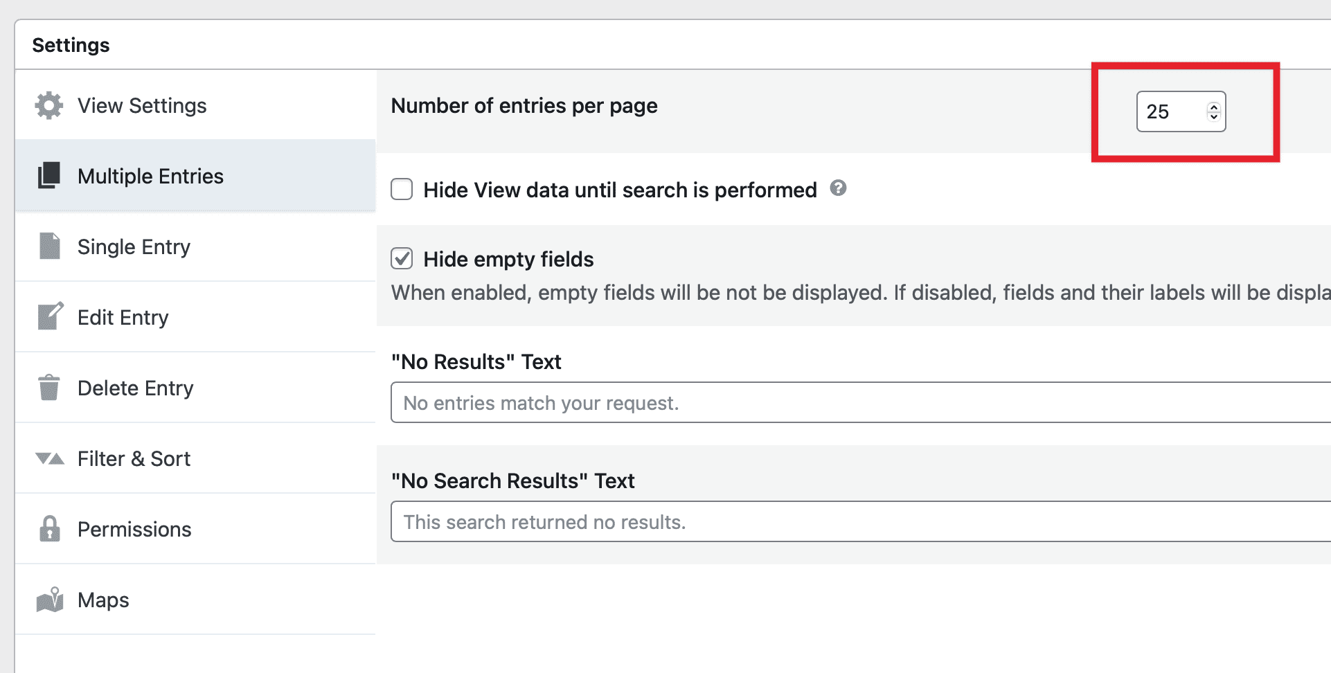 GravityView "Settings" box with the "Multiple Entries" tab selected and the "Number of entries per page" setting highlighted