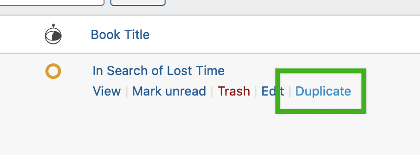 Screenshot of the Entry row, with the action links appearing below. The Duplicate link is circled in green.