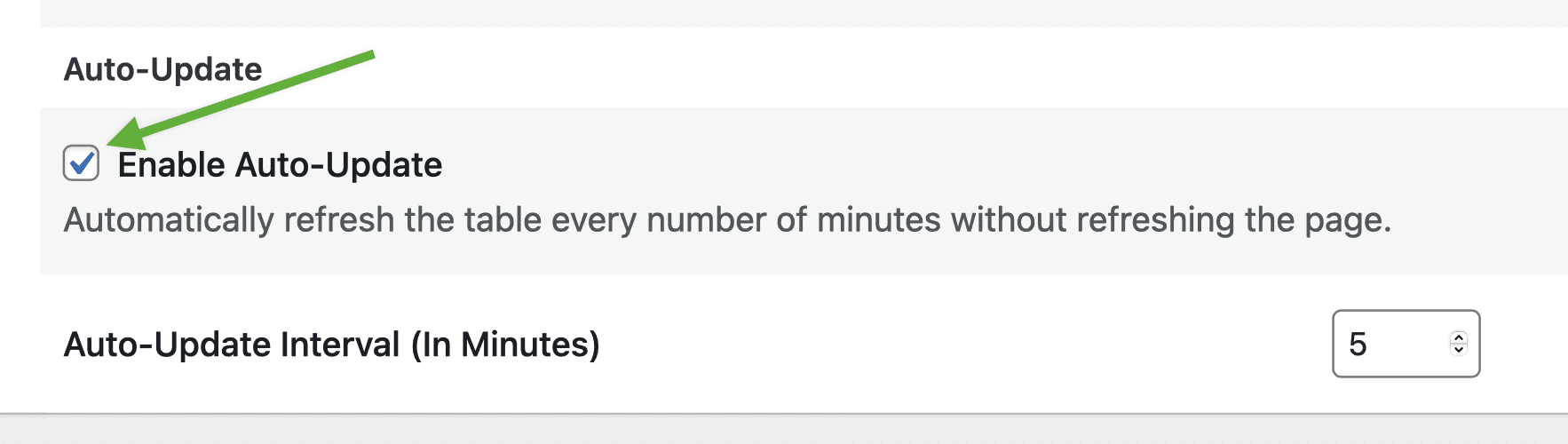 Auto-update feature with checkbox enabled and text field for interval in minutes set to 5