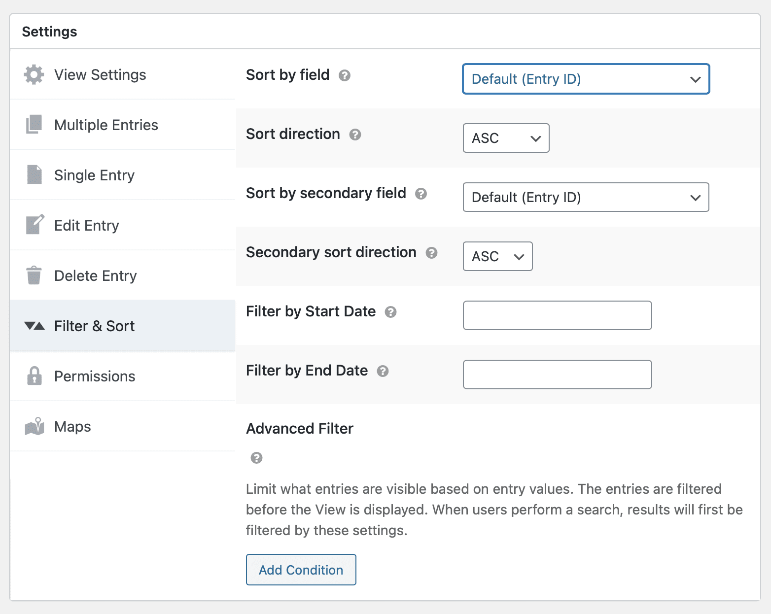 Screenshot of the Settings metabox with the Filter & Sort tab active.