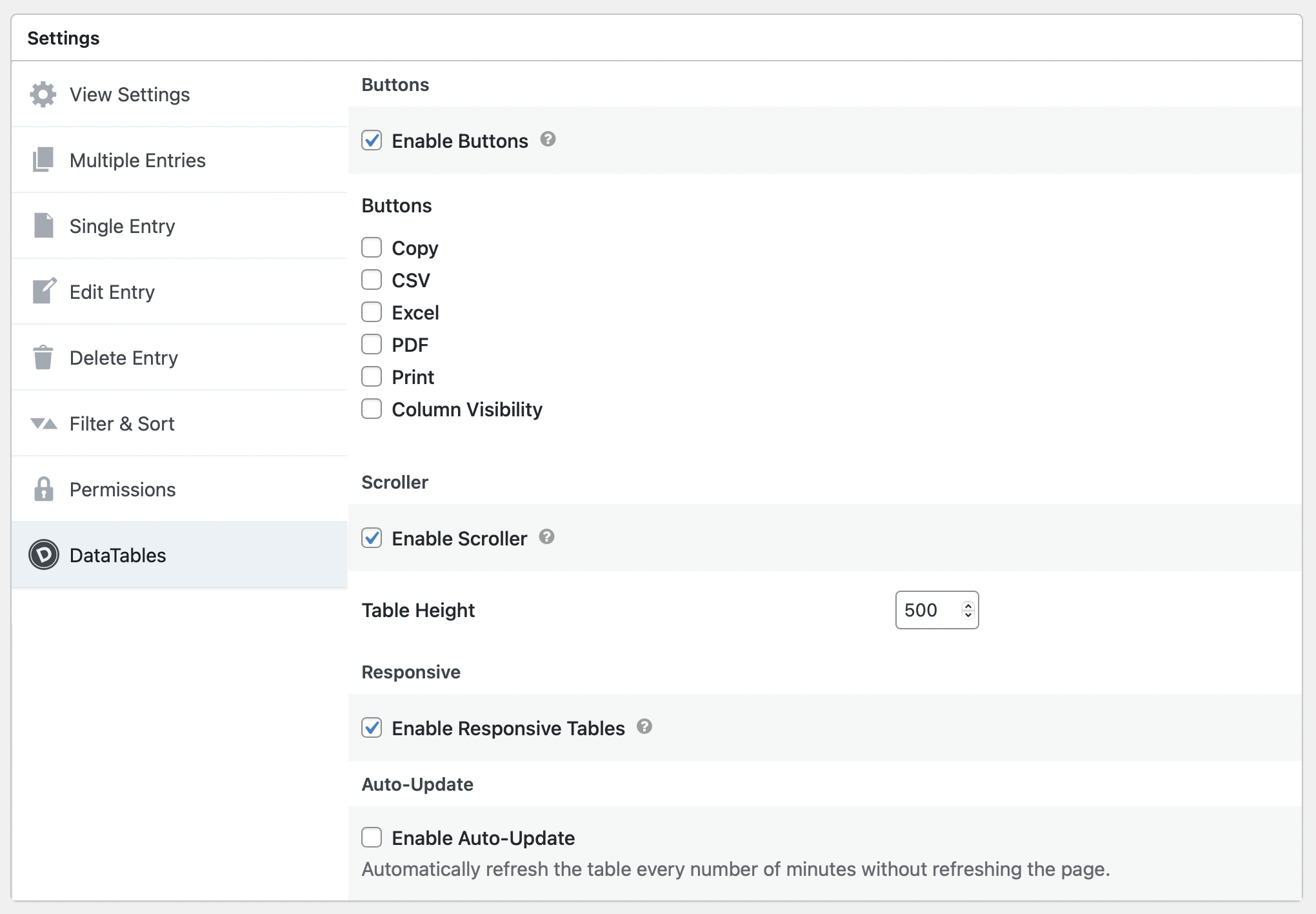 DataTables settings: options to enable buttons, scroller, responsive tables, and auto-update for automatic refresh