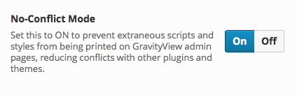 Toggle for No-Conflict Mode to prevent script conflicts in GravityView, with options set to On or Off