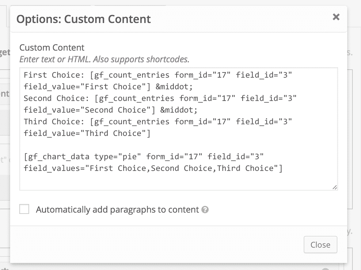Custom content settings with GFChart shortcode for displaying form data pie charts