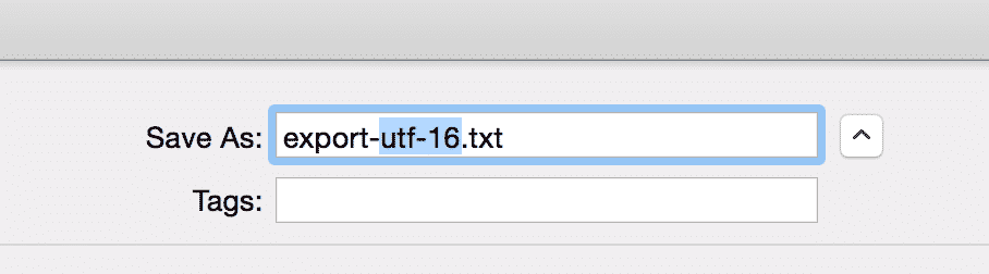 Save dialog showing filename "export-utf-16.txt" to specify text encoding