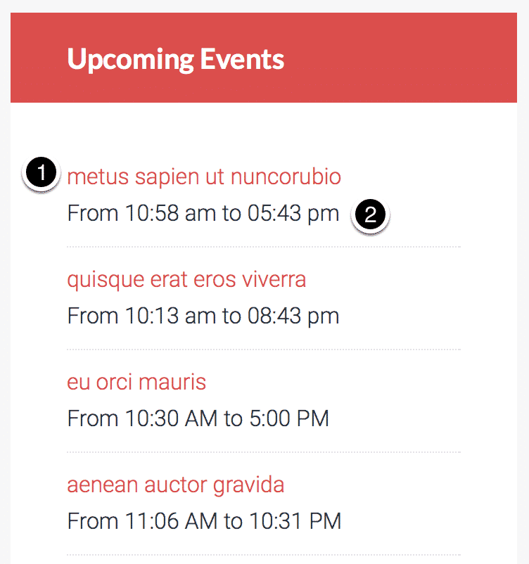 Upcoming events list with titles and times, using the Recent Entries Widget