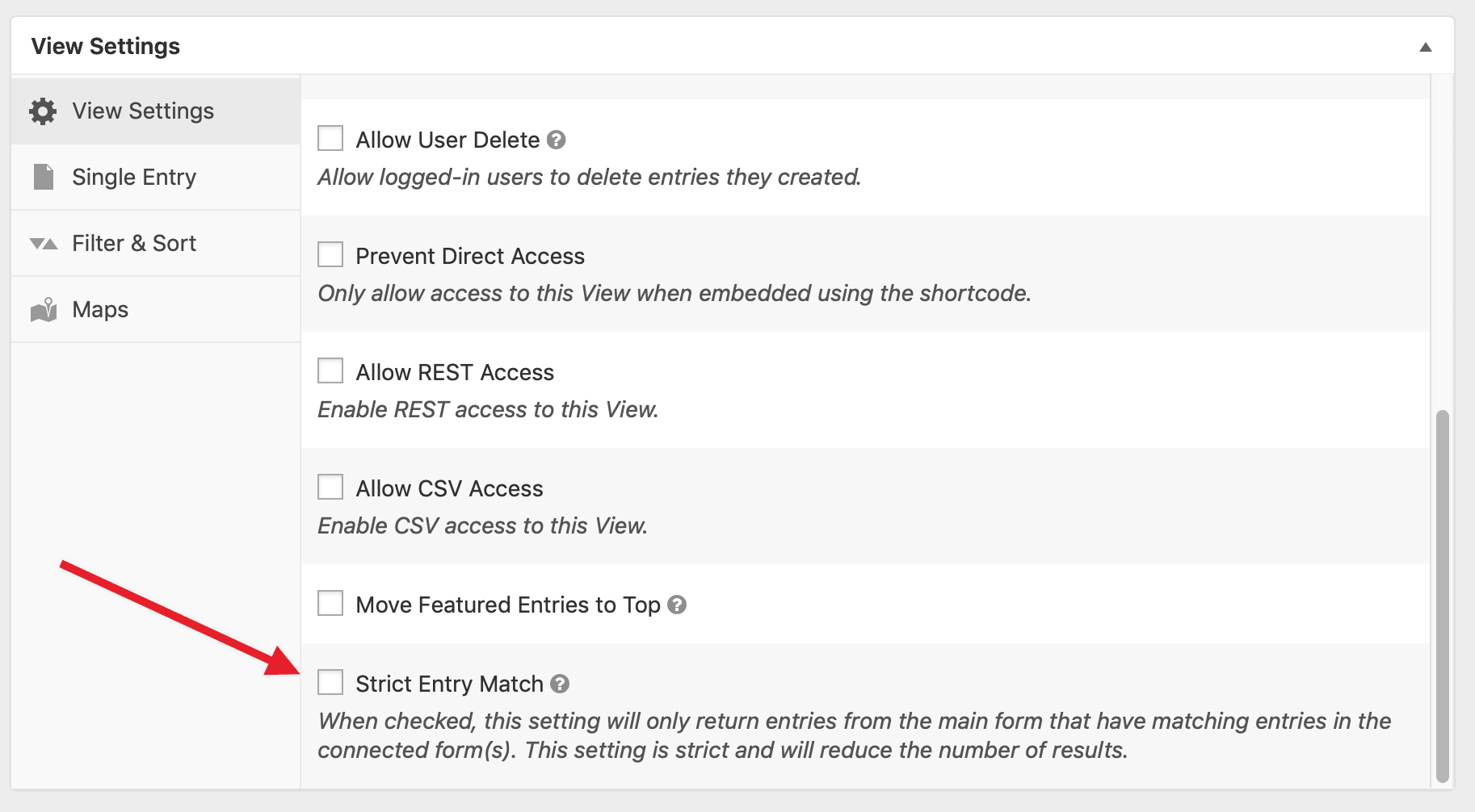 The "Strict Entry Match" setting in the View Settings metabox in GravityView's Edit View screen