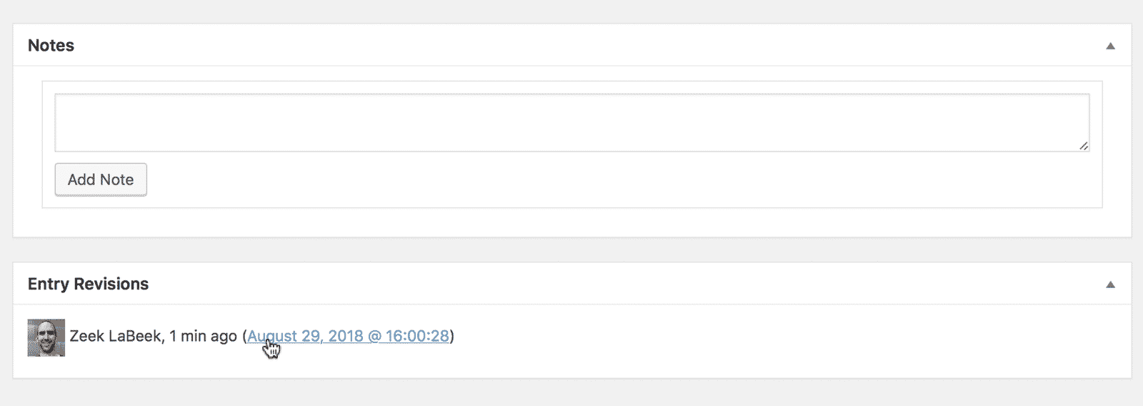 Notes section above Entry Revisions with timestamp link to restore field values