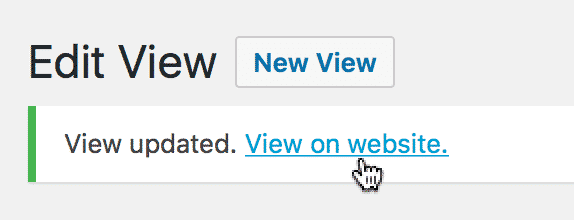 "Edit View interface showing 'View updated' and 'View on website' link with cursor."
