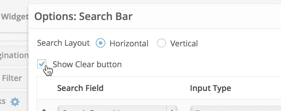 A screenshot showing the Show Clear button checkbox option inside the Search Bar settings modal