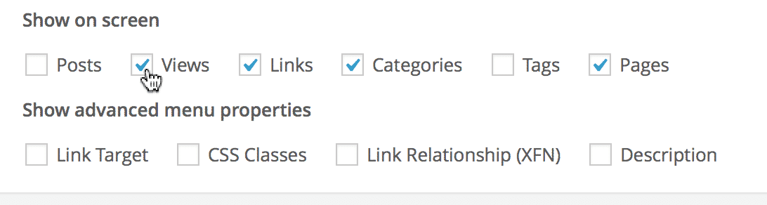 Checkbox options for Posts, Views, Links, Categories, Tags, Pages in WordPress screen settings