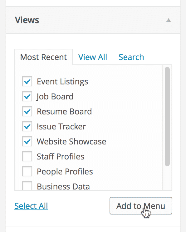 Views selection list with checkboxes and "Add to Menu" button highlighted