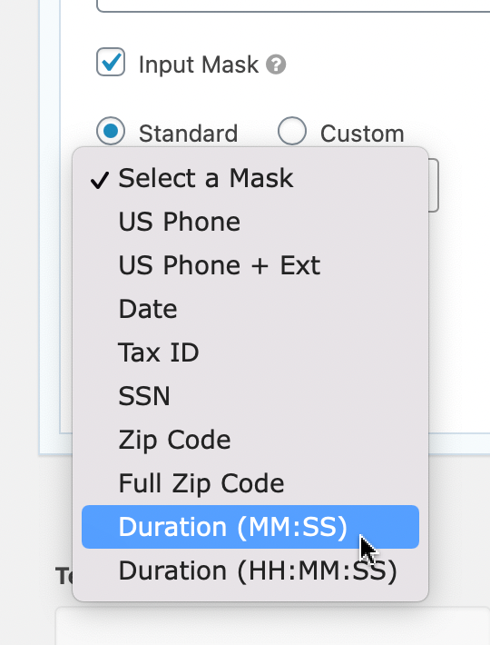 Dropdown menu in Gravity Forms showing duration options MM:SS and HH:MM:SS