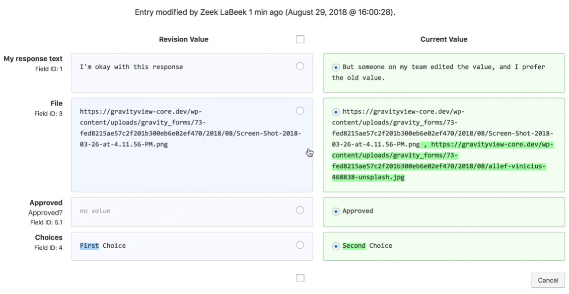 Compare and restore field values using GravityRevisions plugin