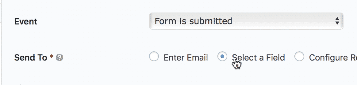 Event dropdown for form submission, radio buttons for email options: Enter Email, Select a Field, Configure Routing