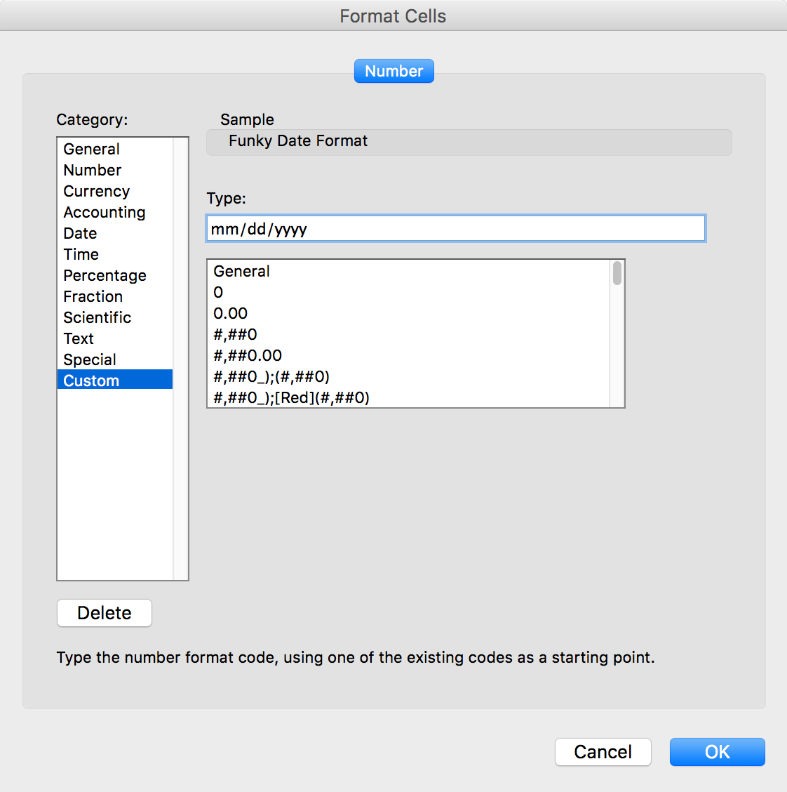 Excel's Format Cells dialog for custom date format mm/dd/yyyy selection