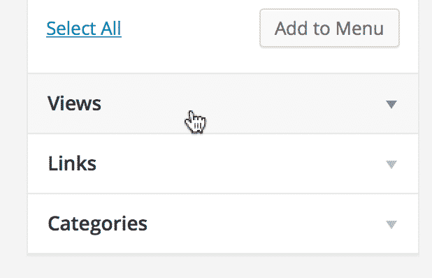 WordPress menu customization with "Views" option highlighted for selection