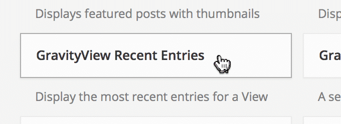Widget option labeled "GravityView Recent Entries" with hand cursor hovering