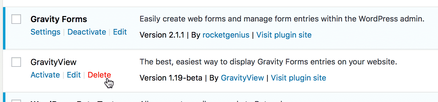 "Shows GravityView plugin with a red 'Delete' link for complete removal in WordPress."