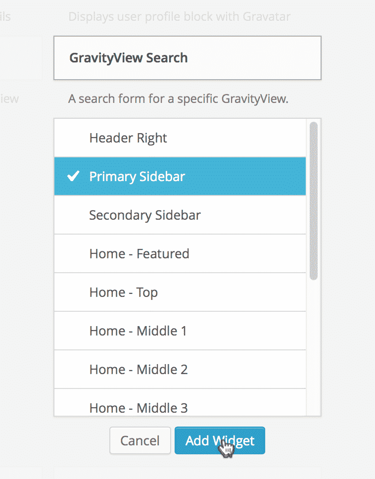 Widget setup menu showing "Primary Sidebar" selected, with "Add Widget" and "Cancel" buttons