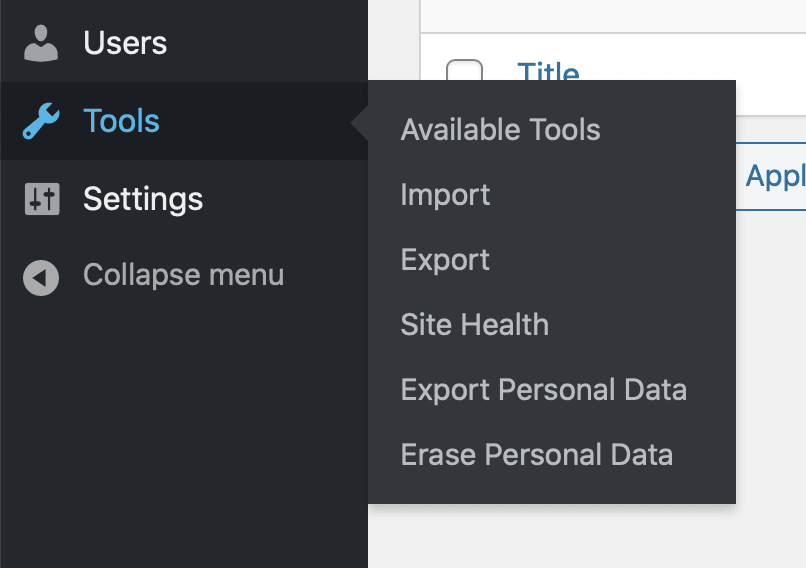 Screenshot of the WordPress menu, hovering over Tools, with Site Health visible