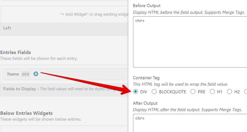 A screenshot of GravityView field settings where there are HR tags in Above Content and Below Content textareas, and the Container Tag is set to DIV.