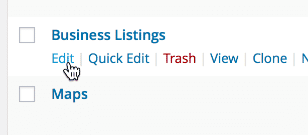 User interface with options to edit, quick edit, trash, and view business listings