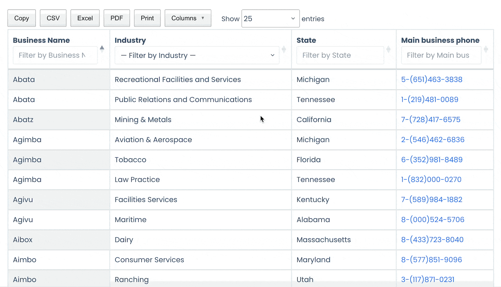 DataTable filtering by industry, updating displayed entries dynamically as selections change