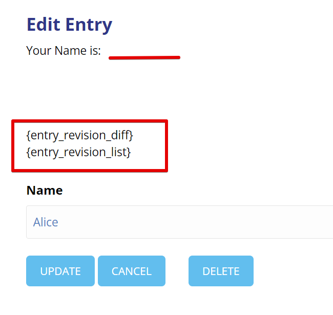 Edit entry form showing name input, with placeholders {entry_revision_diff} and {entry_revision_list}