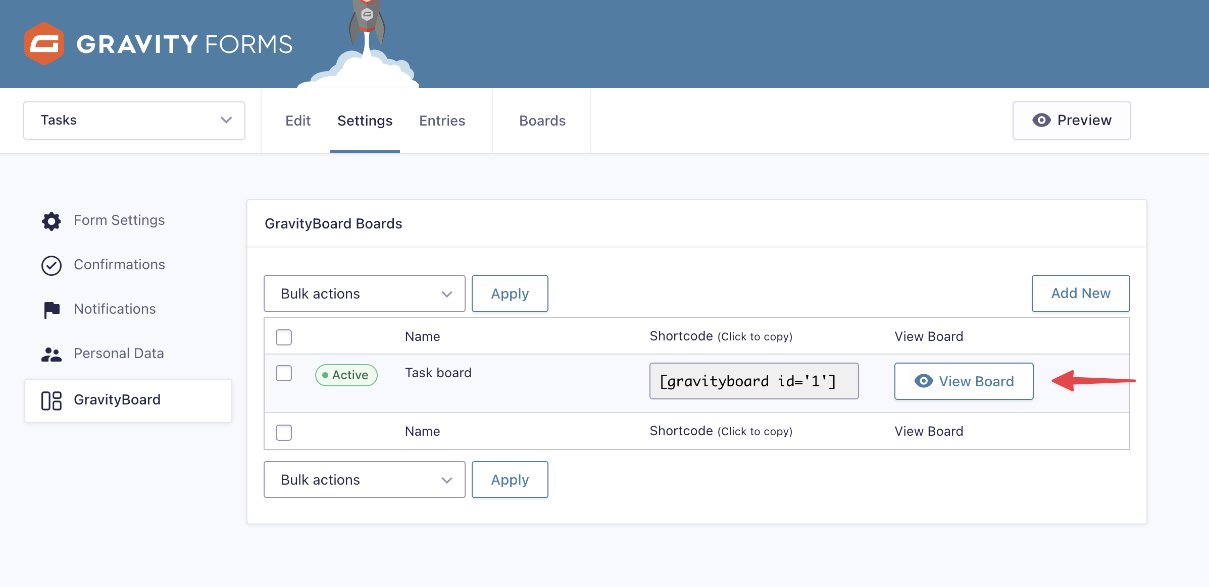 GravityBoard settings showing active boards, shortcodes, and view options