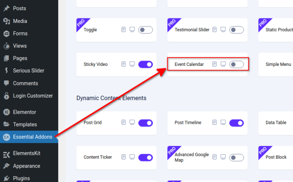 Event Calendar toggle switch is off in Essential Addons plugin settings
