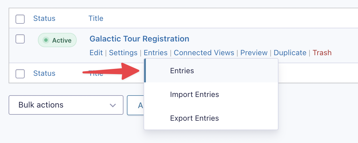 A link that says Entries, underneath the form name on the Gravity Forms Forms page