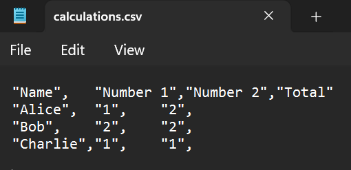 A screenshot of a text file showing a CSV containing three rows of data.