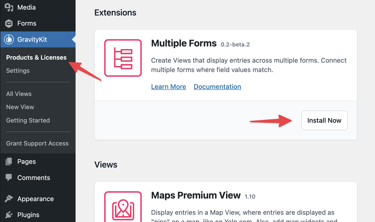 Install Multiple Forms extension via the GravityKit dashboard under Products & Licenses section