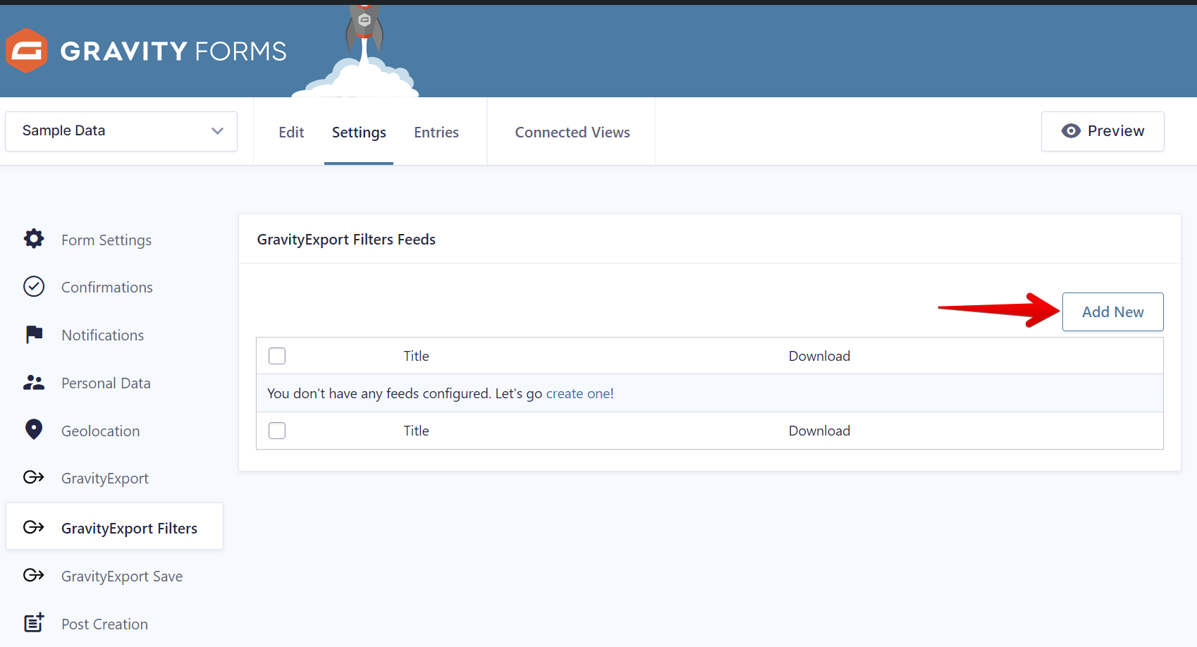GravityExport Filters page with