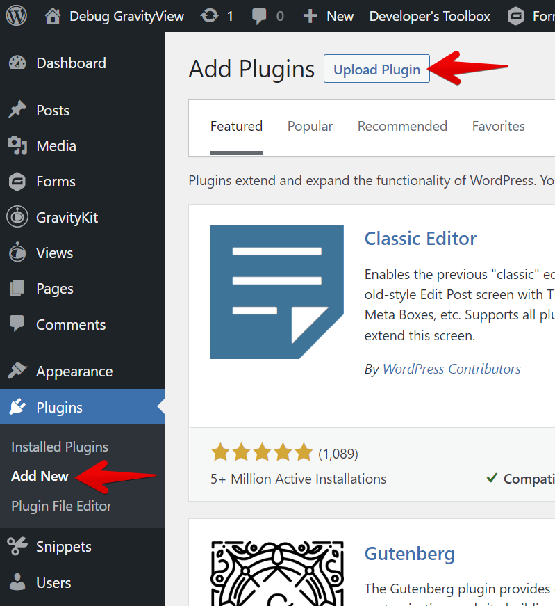 Add Plugins page with Upload Plugin button and Add New option highlighted