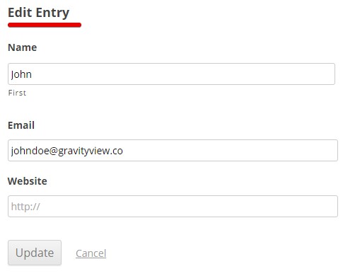 Edit Entry page with fields for name, email, website, and options to update or cancel