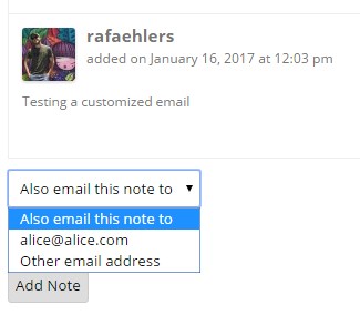 Dropdown option selected for emailing a note; options include email addresses and adding a new address