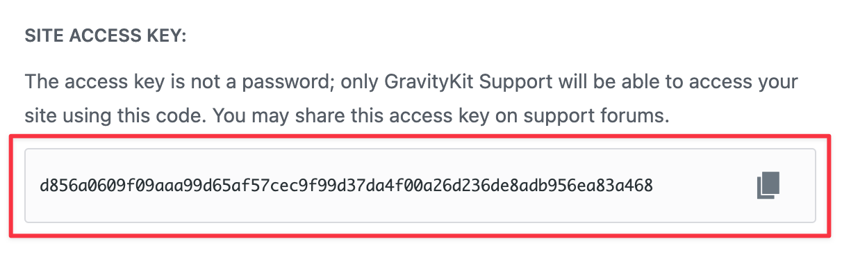 Site access key with copy button for sharing access with GravityKit Support