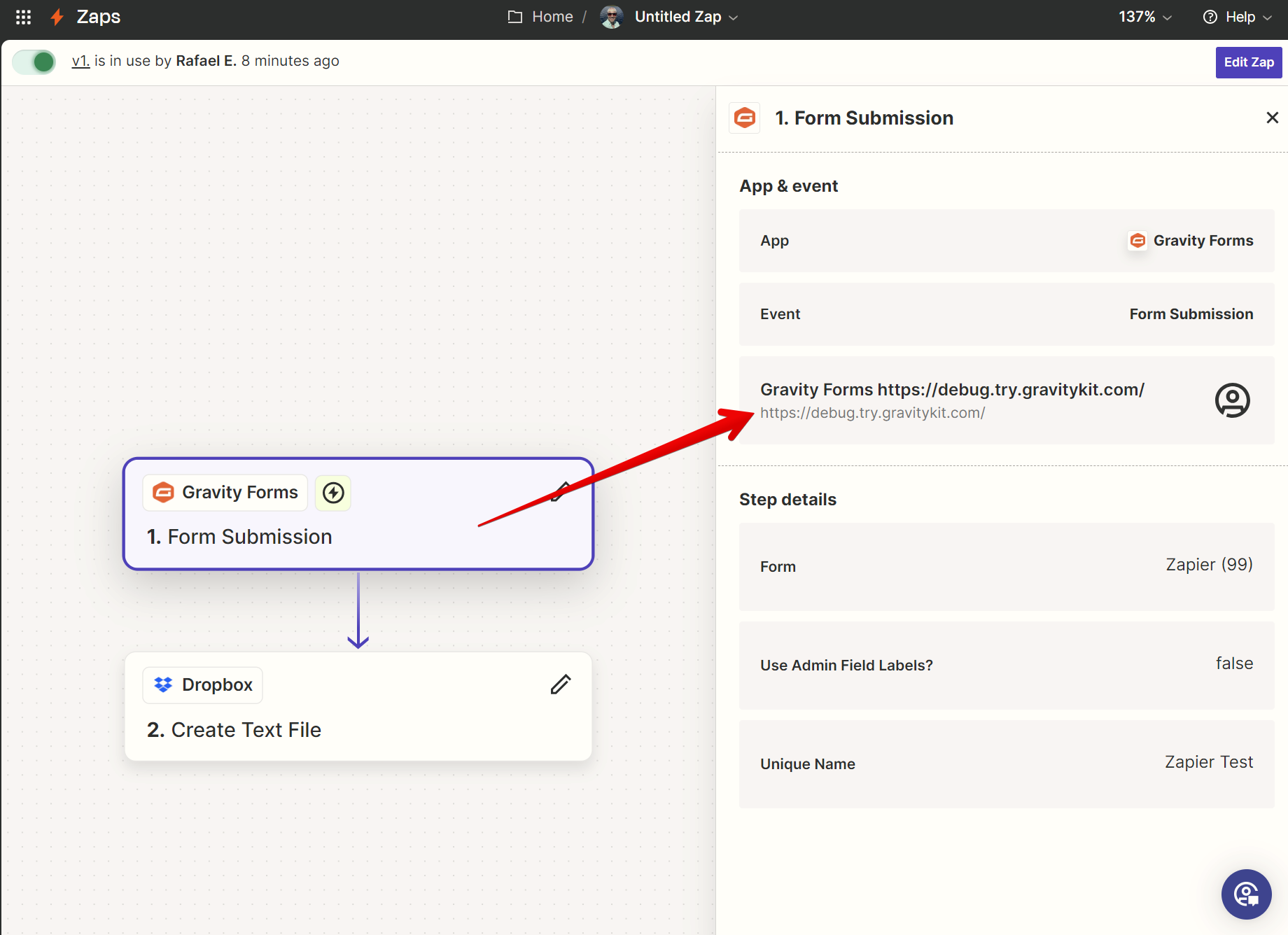 Screenshot of the Zapier configuration screen pointing to the place where the website domain must be edited