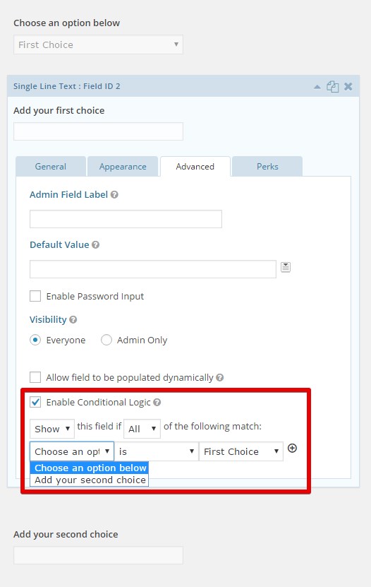 Form settings for conditional logic to display fields based on selection