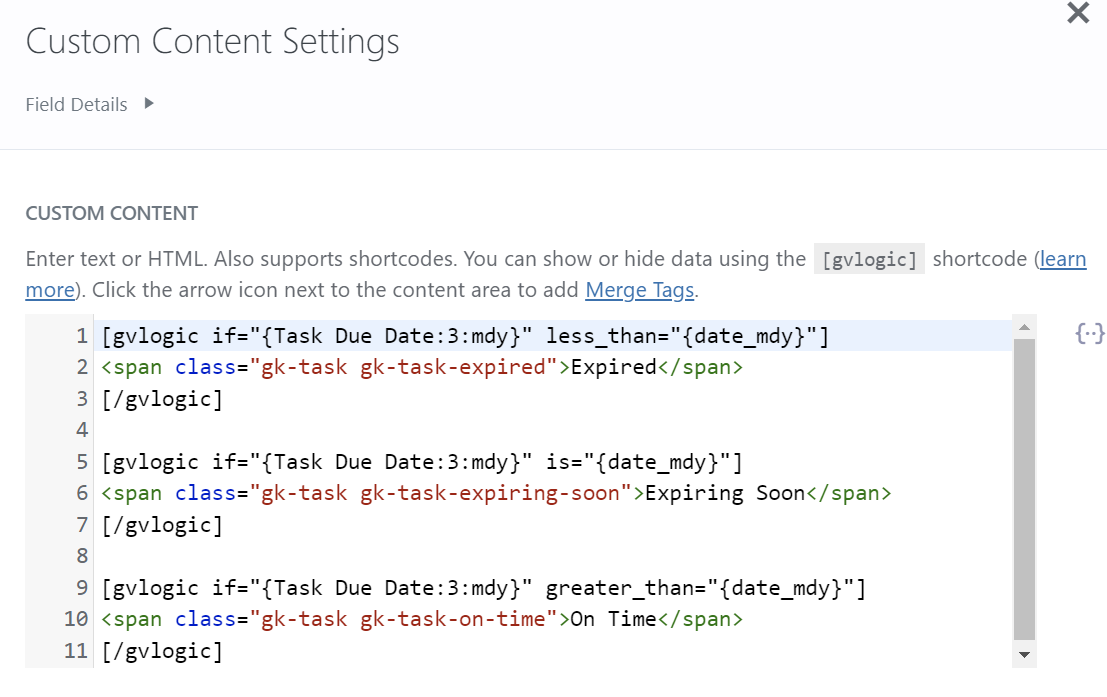 Code for highlighting tasks: expired, expiring today, or on time with HTML and shortcodes