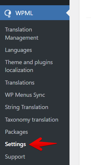 WPML menu in WordPress admin sidebar, highlighting the Settings option with a red arrow