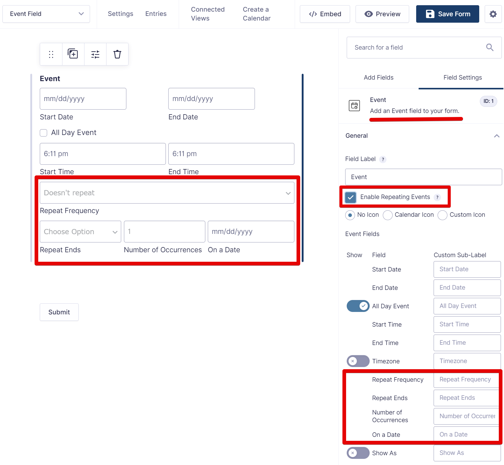 Gravity Forms setup for recurring events, showing fields for date, time, and repeat frequency options