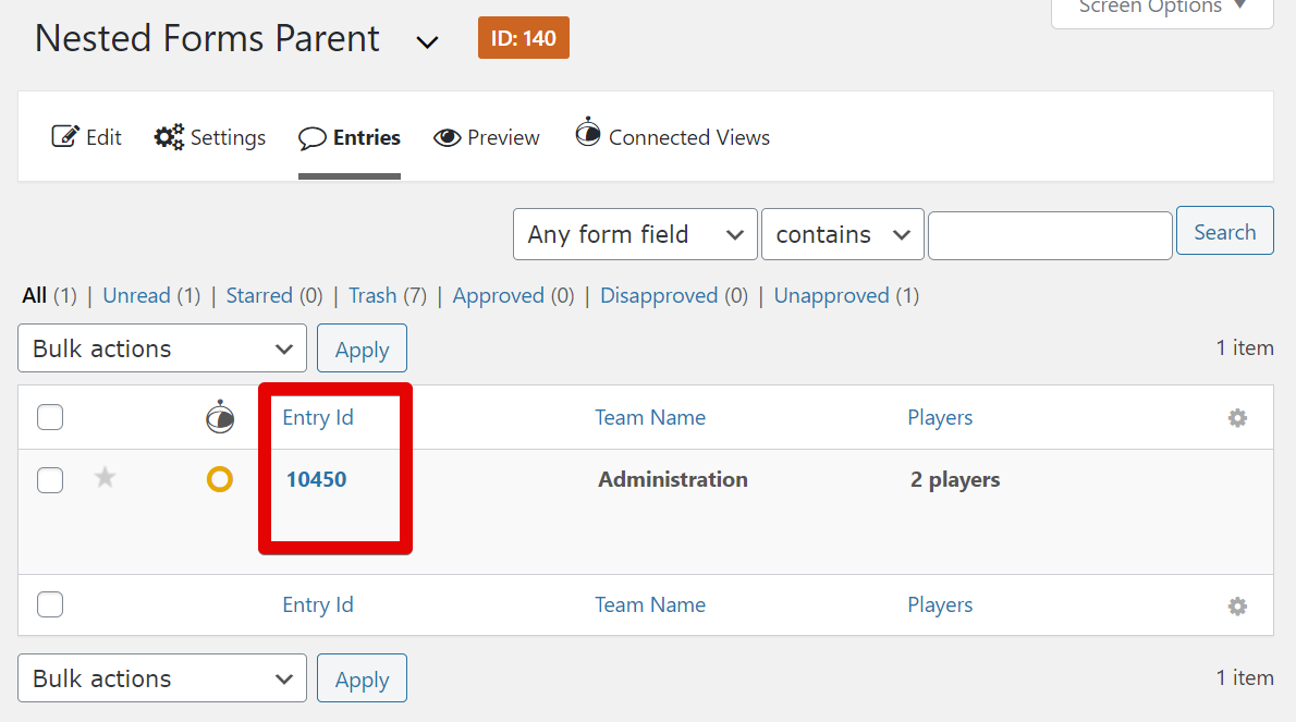 Nested Forms entry list with options to filter by form field. Entry ID 10450 shown with team and players
