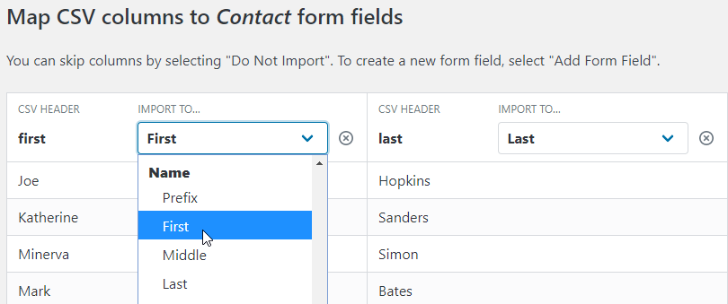 Mapping columns from the CSV file to Gravity Forms fields